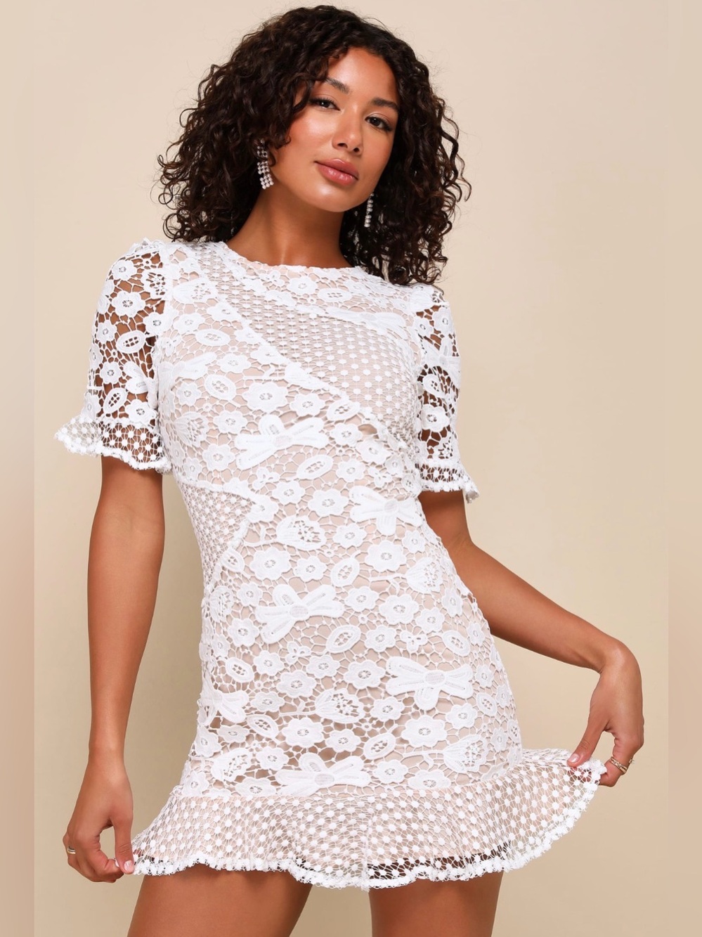 Lulus My Dearest White Lace Short Sleeve Mini Dress - Size S